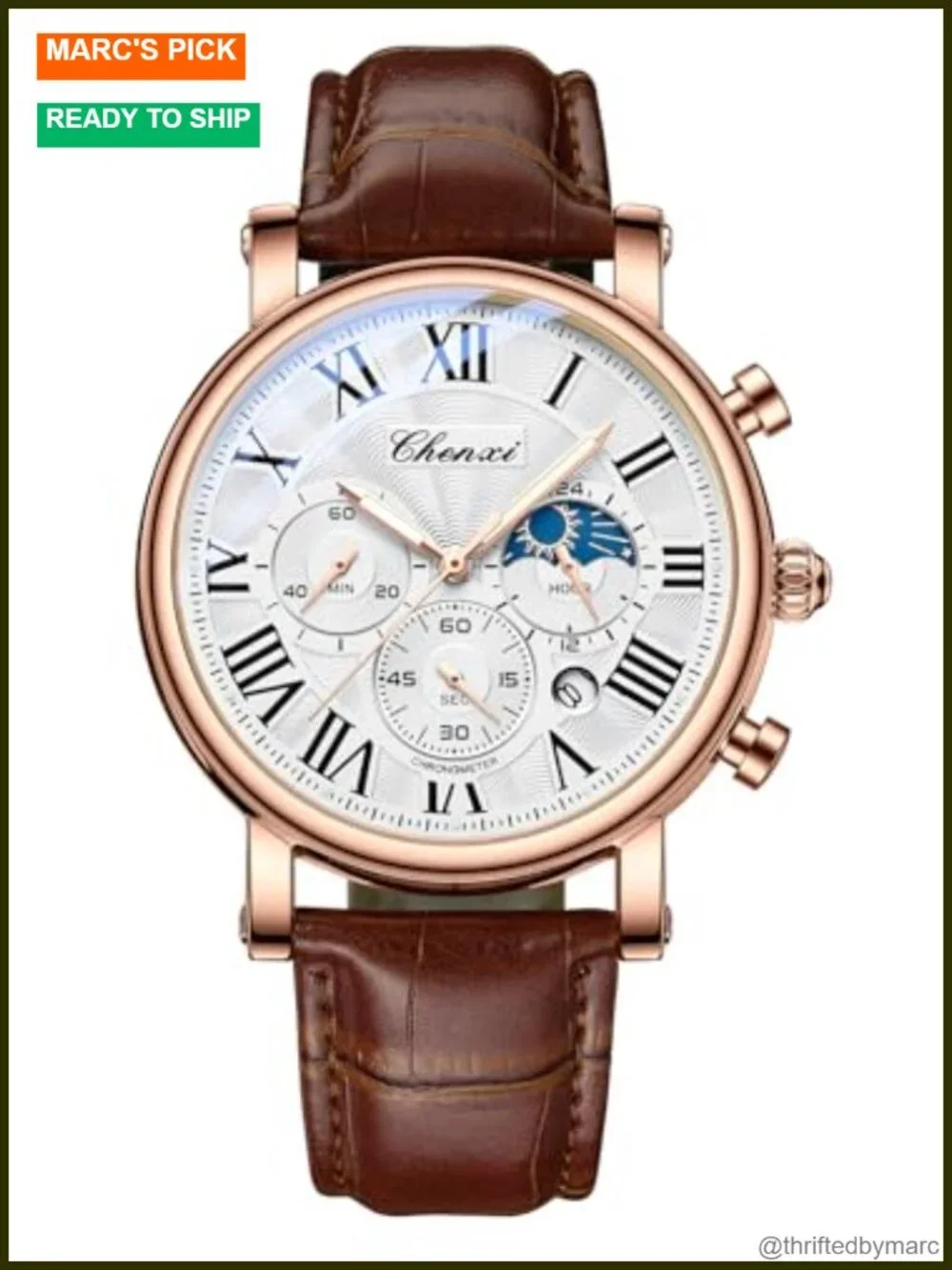 Men's Classic Multifunctional Analog Watch Chronograph Moon Phase Leather Strap